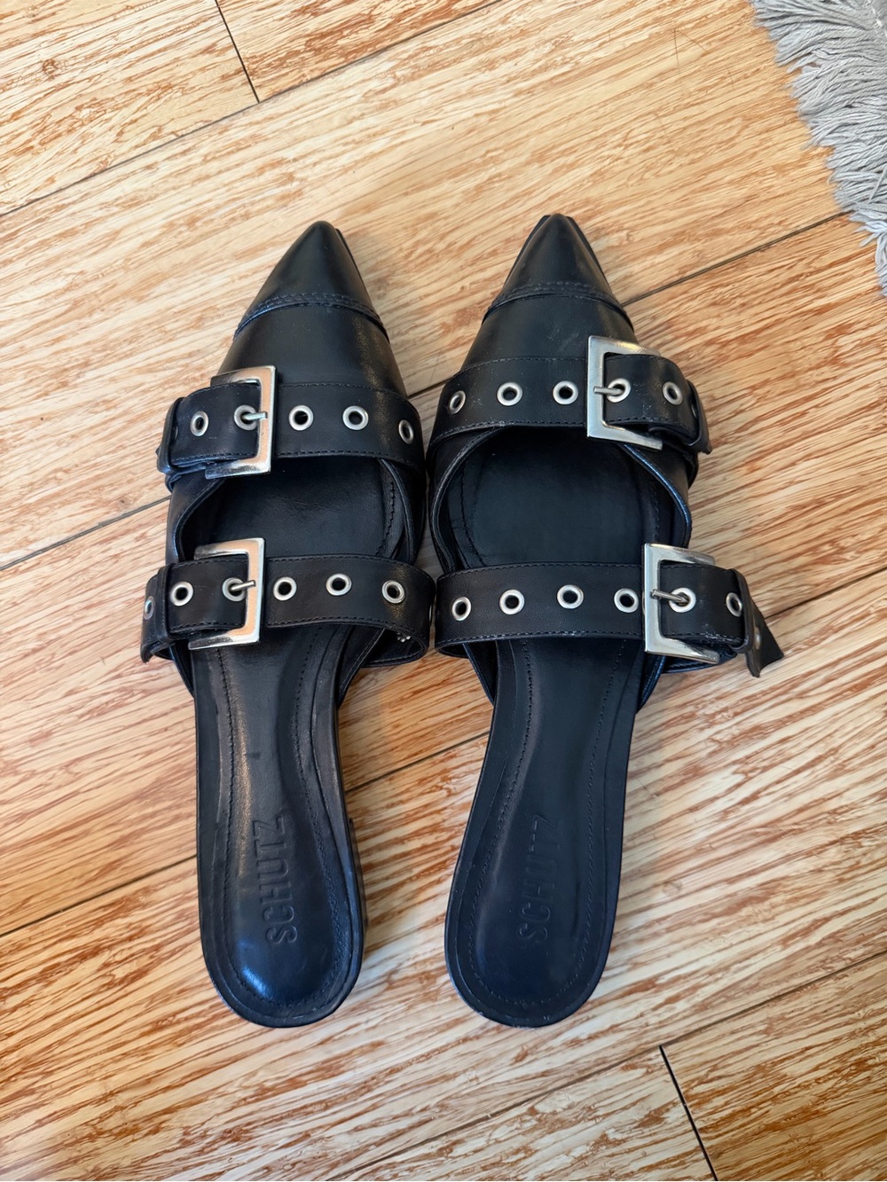 SCHUTZ Black Pointed-Toe Double-Buckle Mules